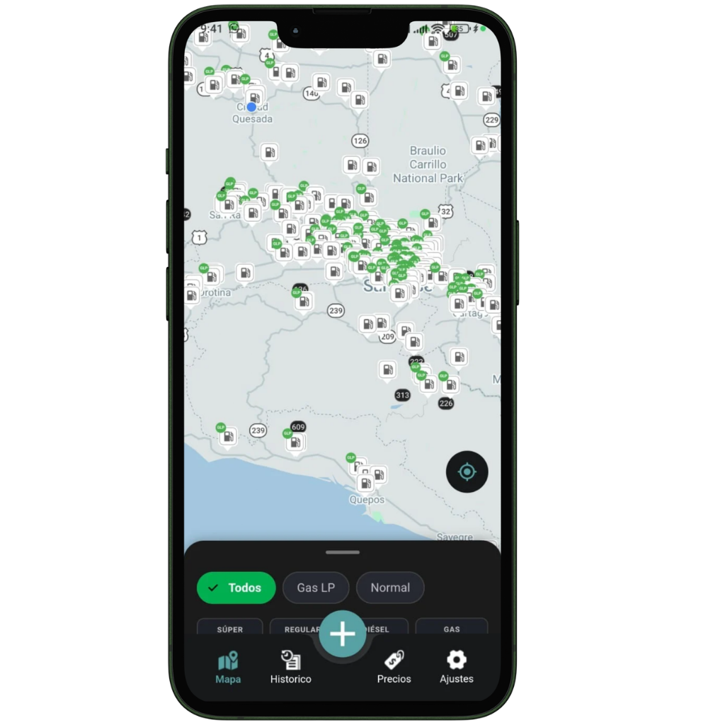 Smartphone showing a map interface with gas station pins in a clean, modern UI design